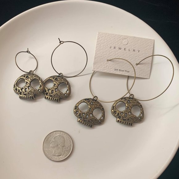 SpookySkull Halloween Antique Bronze Hoop Earrings - Picture 6 of 8